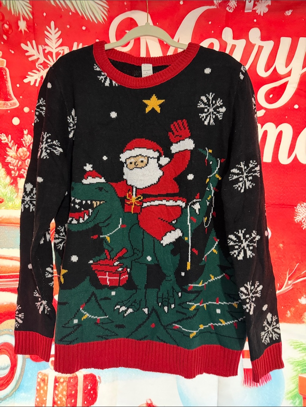 Men's Black & Red Santa Riding T-Rex Holiday Sweater